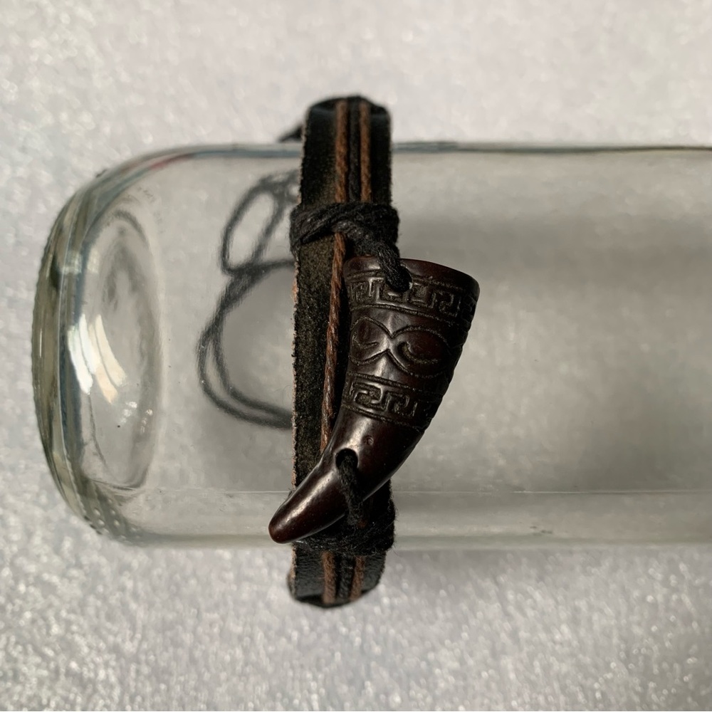 Brown and Black Leather Bracelet with Horn Charm